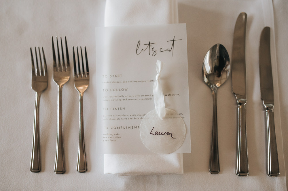 Glassine Stationery Clear Vellum Menu Shell Place Name Calligraphy Prestwold Hall Wedding Pear & Bear Photography