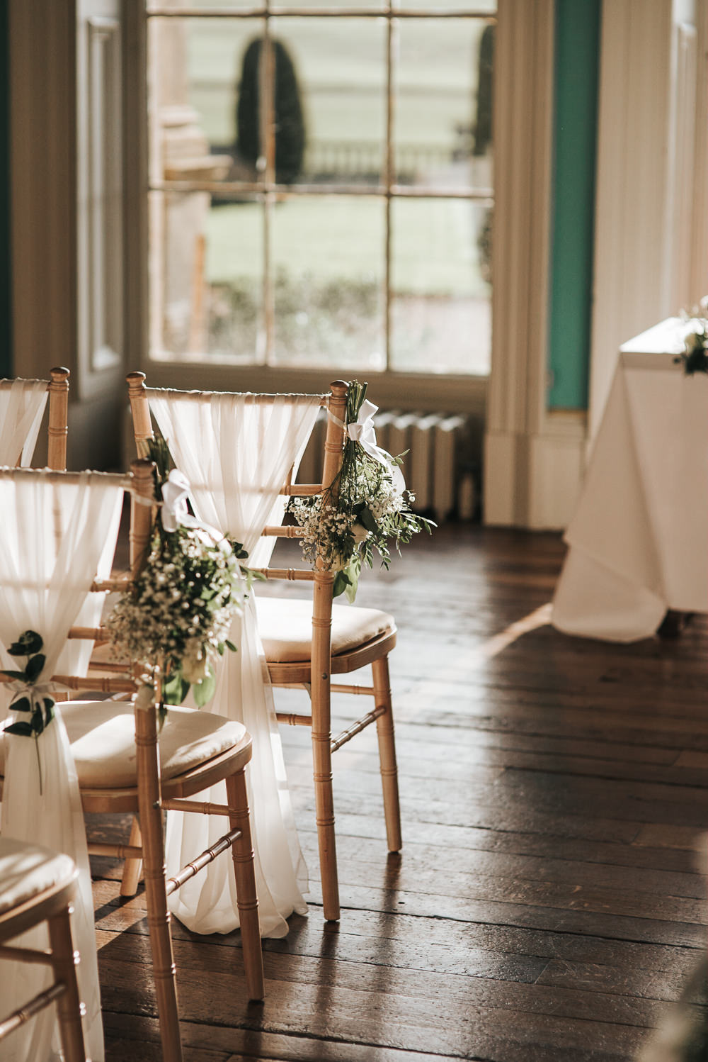 Chair Backs Fabric Flowers Ceremony Aisle Pew End Prestwold Hall Wedding Pear & Bear Photography