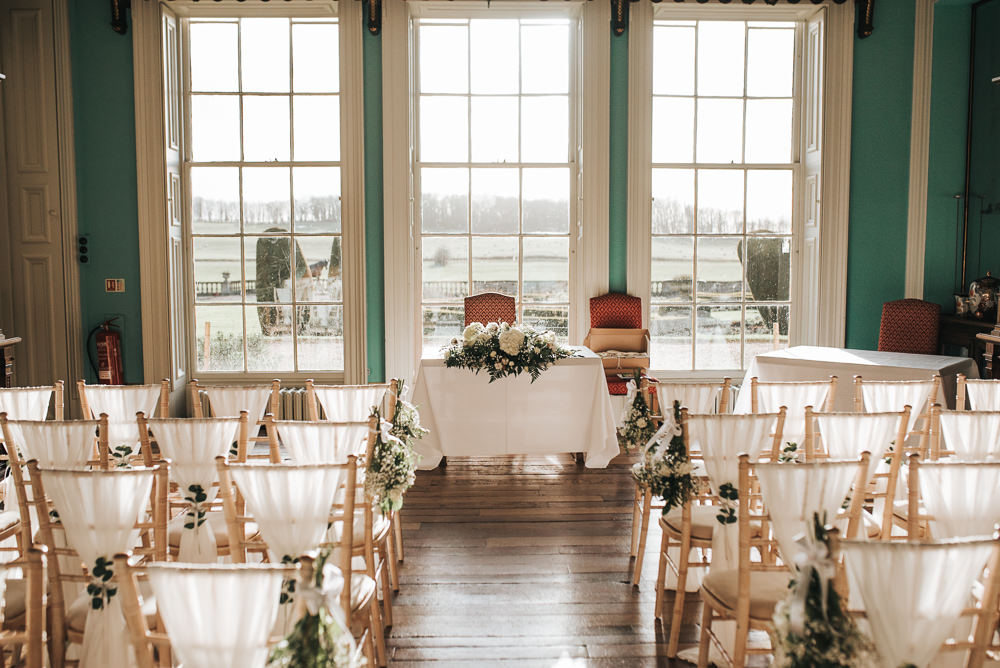 Chair Backs Fabric Flowers Ceremony Aisle Pew End Prestwold Hall Wedding Pear & Bear Photography