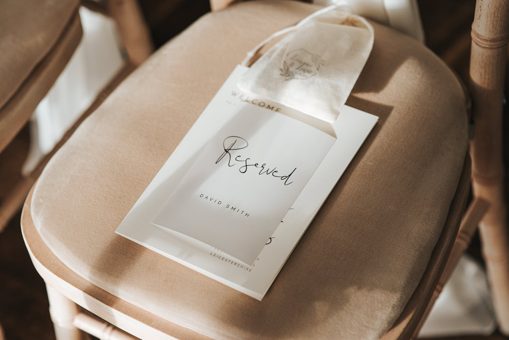 Reserved Stationery Chair Seat Prestwold Hall Wedding Pear & Bear Photography