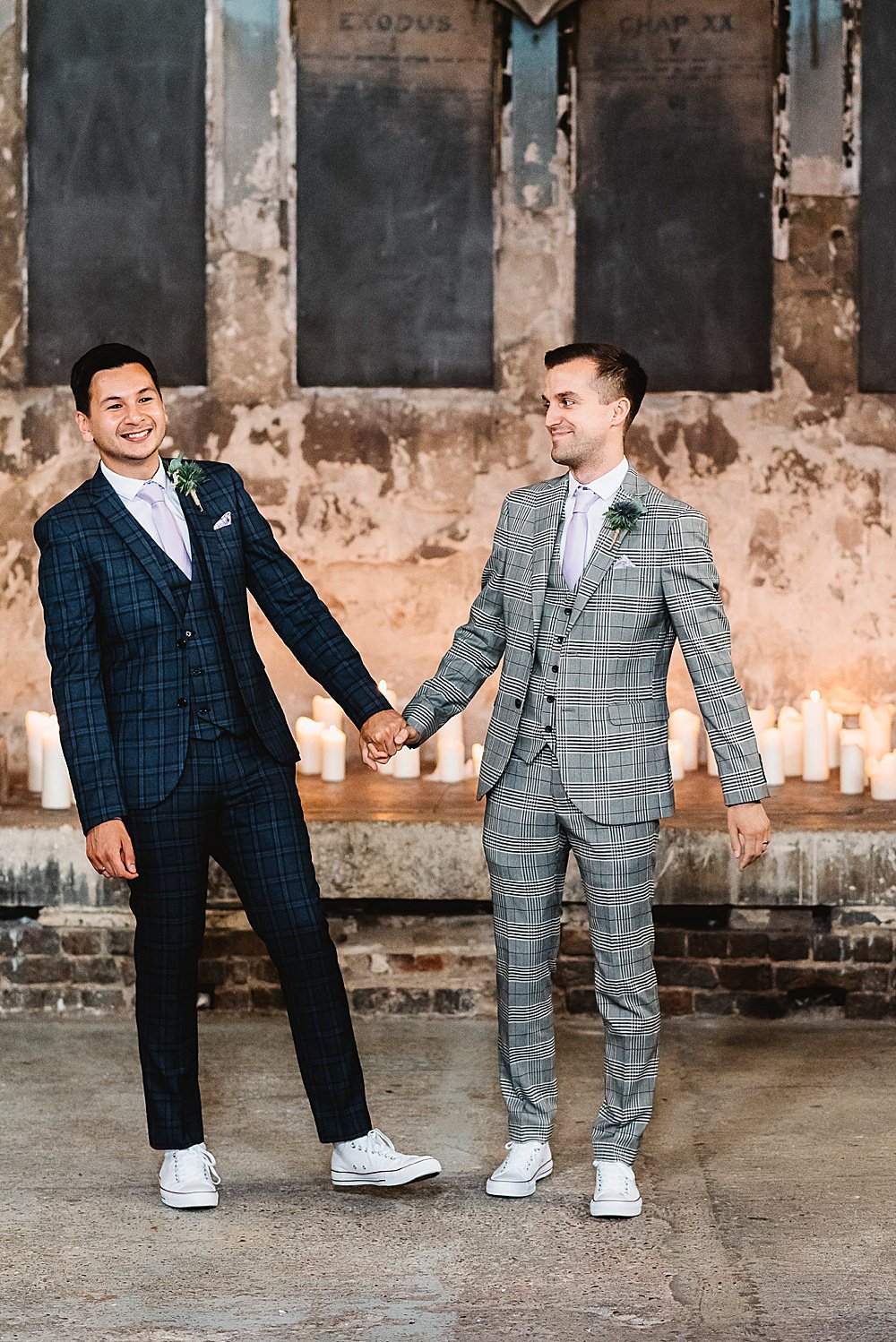 Groom Suit Grey Check Navy Pink Lilac Tie Converse South London Wedding Fiona Kelly Photography