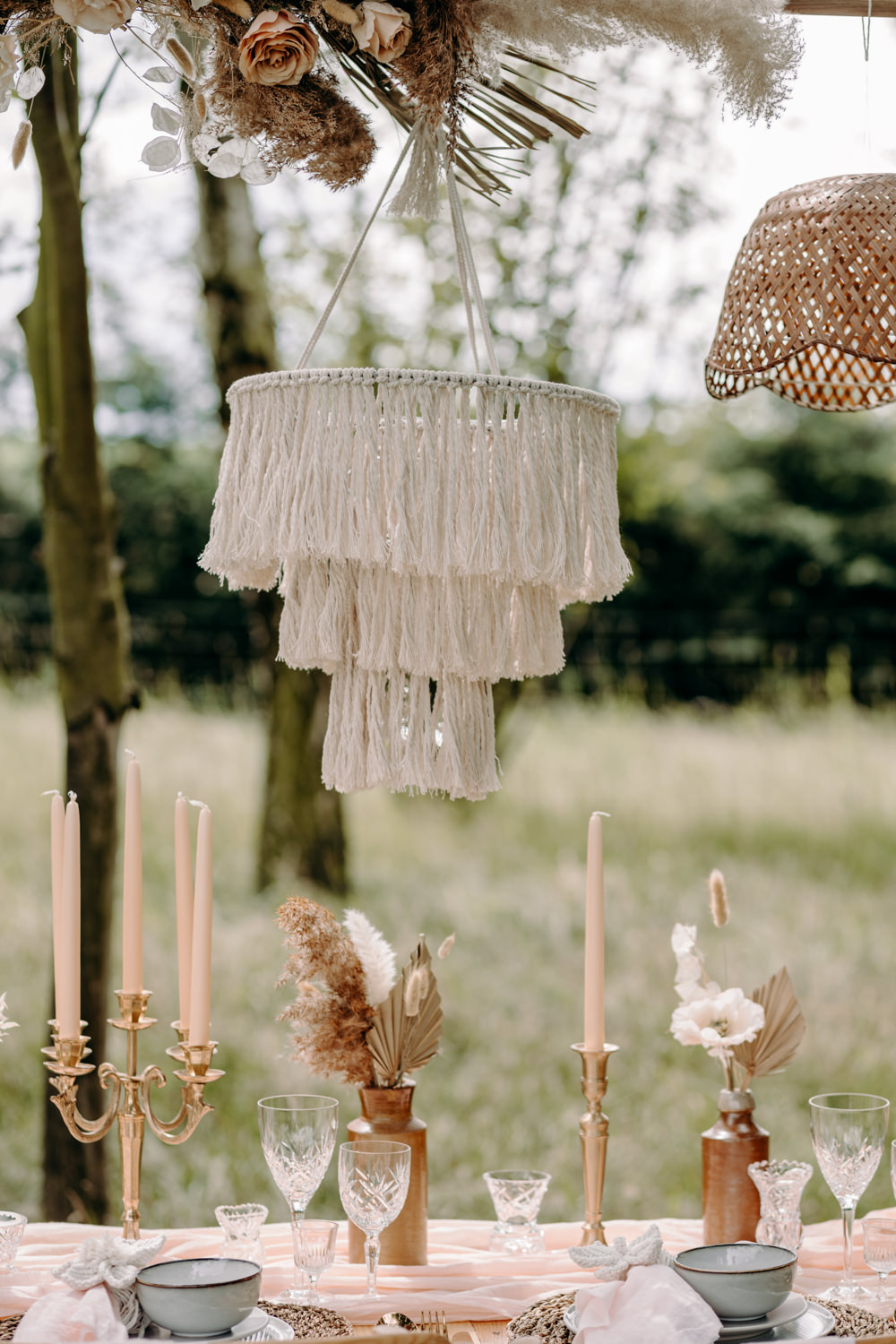 Table Tablescape Decor Candles Dried Flowers Boho Bohemian Macram Lampshades Sustainable Wedding Ideas EKR Pictures