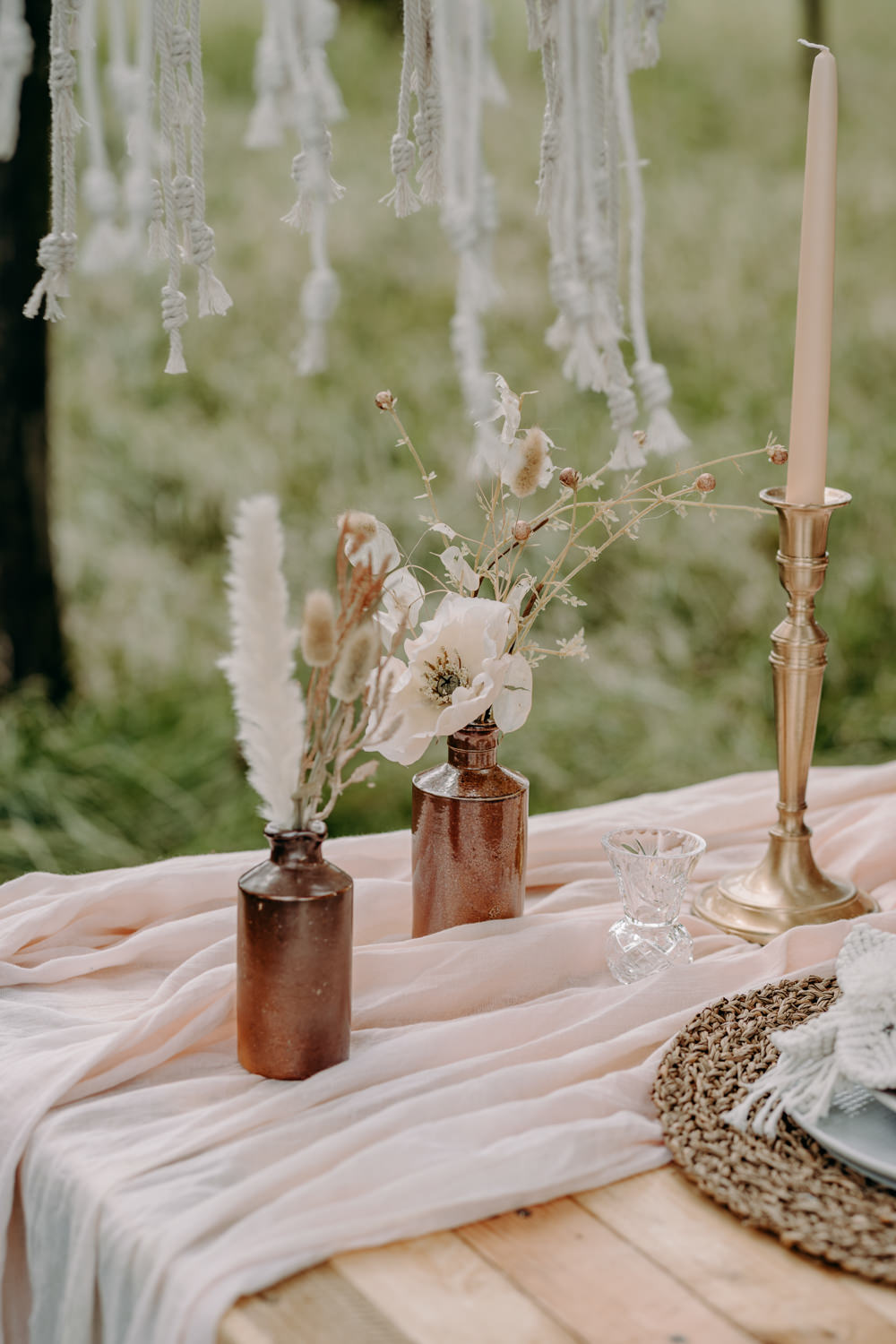 Table Tablescape Decor Candles Dried Flowers Boho Bohemian Macram Lampshades Sustainable Wedding Ideas EKR Pictures