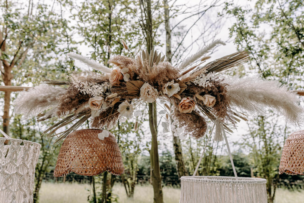 Table Tablescape Decor Candles Dried Flowers Boho Bohemian Macram Lampshades Sustainable Wedding Ideas EKR Pictures