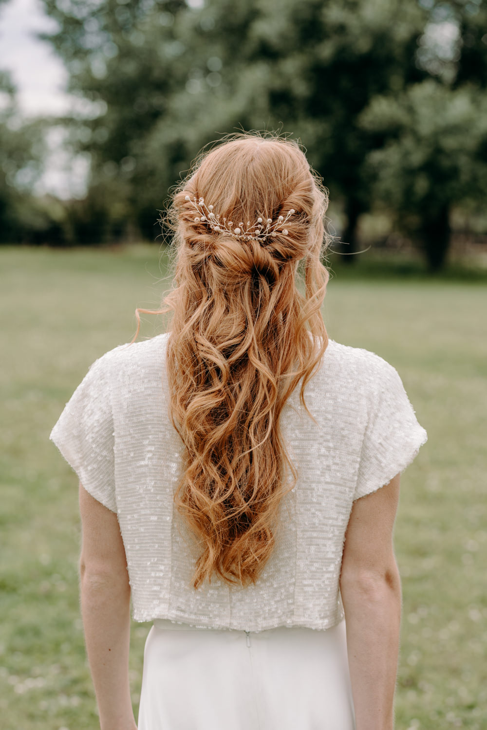 Bride Bridal Hair Style Half Up Half Down Accessory Sustainable Wedding Ideas EKR Pictures