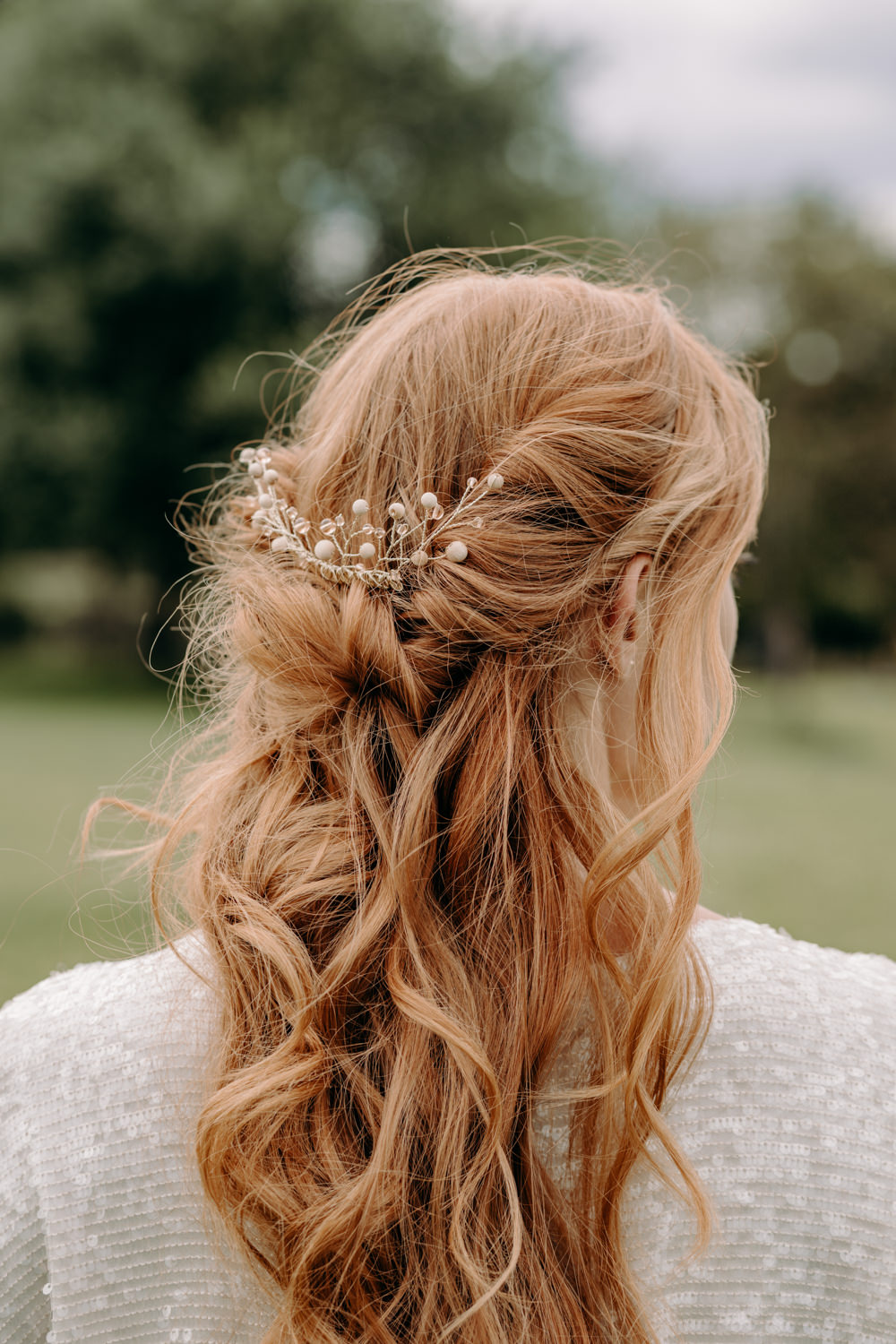 Bride Bridal Hair Style Half Up Half Down Accessory Sustainable Wedding Ideas EKR Pictures