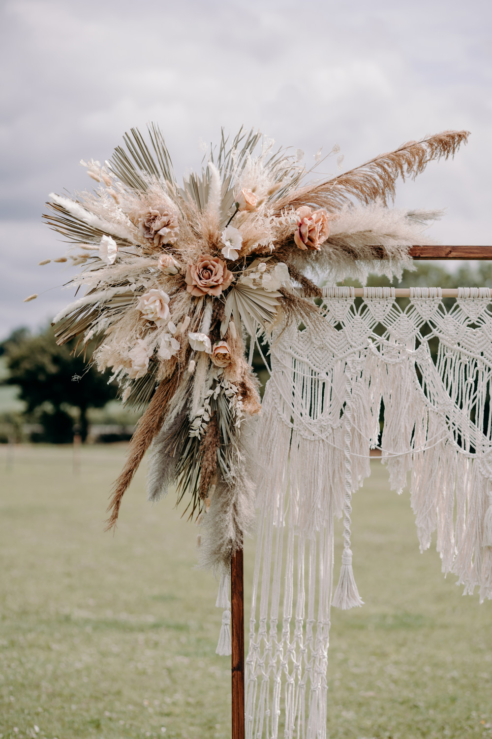 Macrame Backdrop Ceremony Frame Flowers Palms Pampas Grass Dried Flowers Sustainable Wedding Ideas EKR Pictures