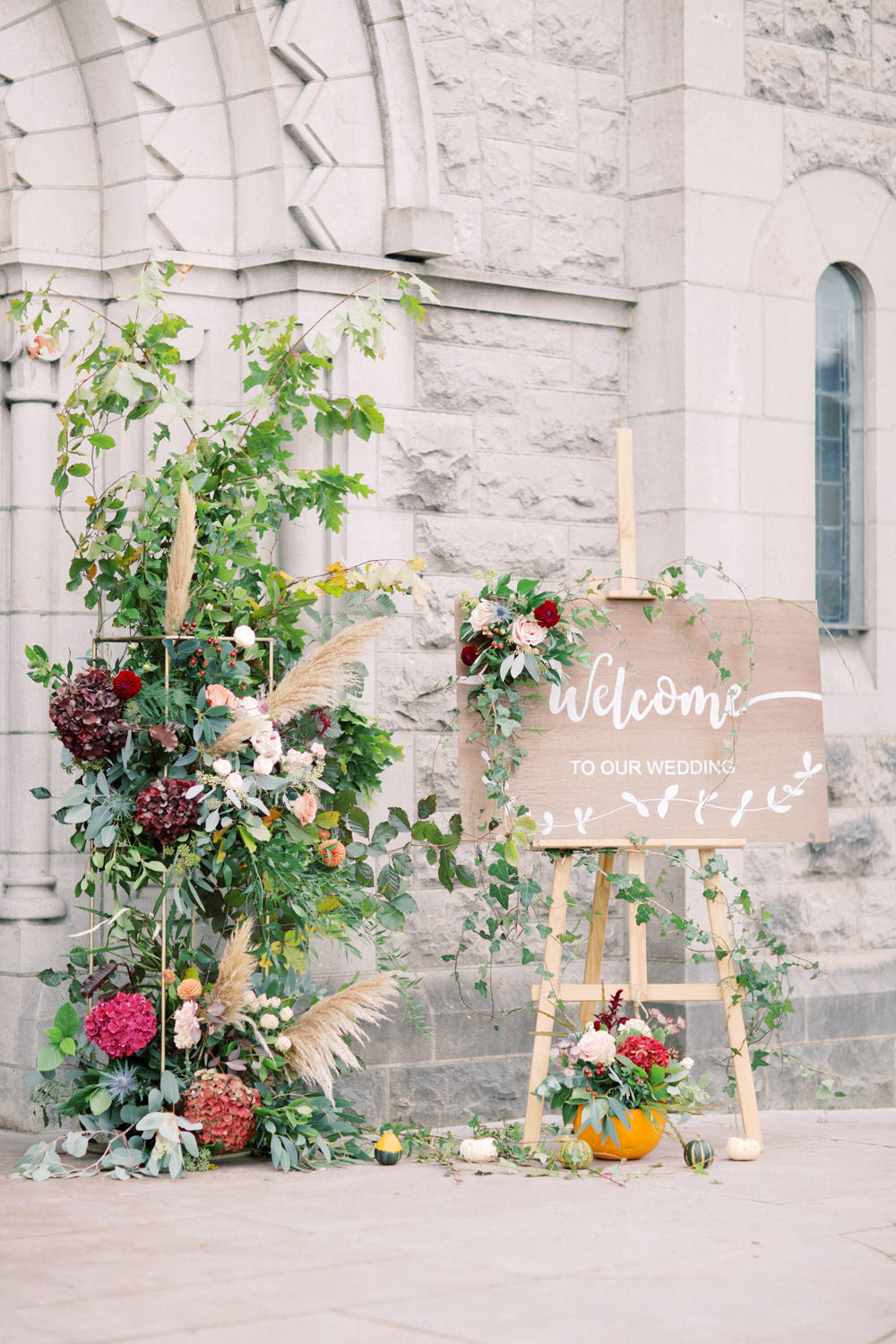 Flower Arch Greenery Foliage Pampas Grass Welcome Sign Signs Signage Autumn Halloween Wedding Hannah Mckernan