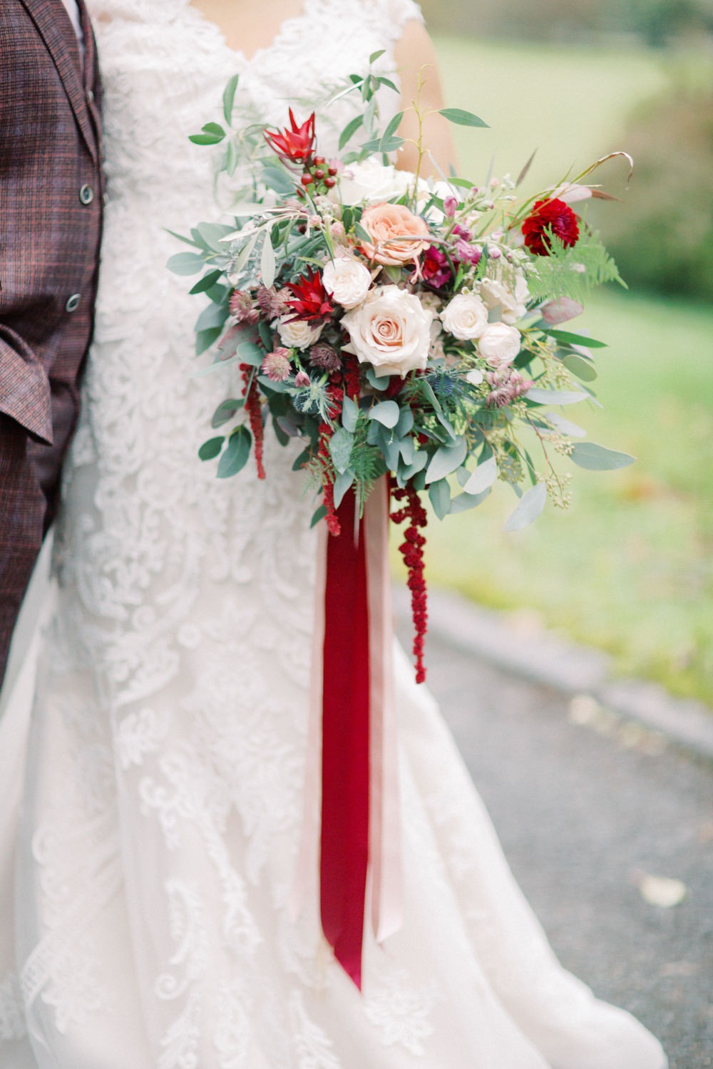 Bouquet Flowers Bride Bridal Eucalyptus Red Rose Amaranthus Autumn Halloween Wedding Hannah Mckernan