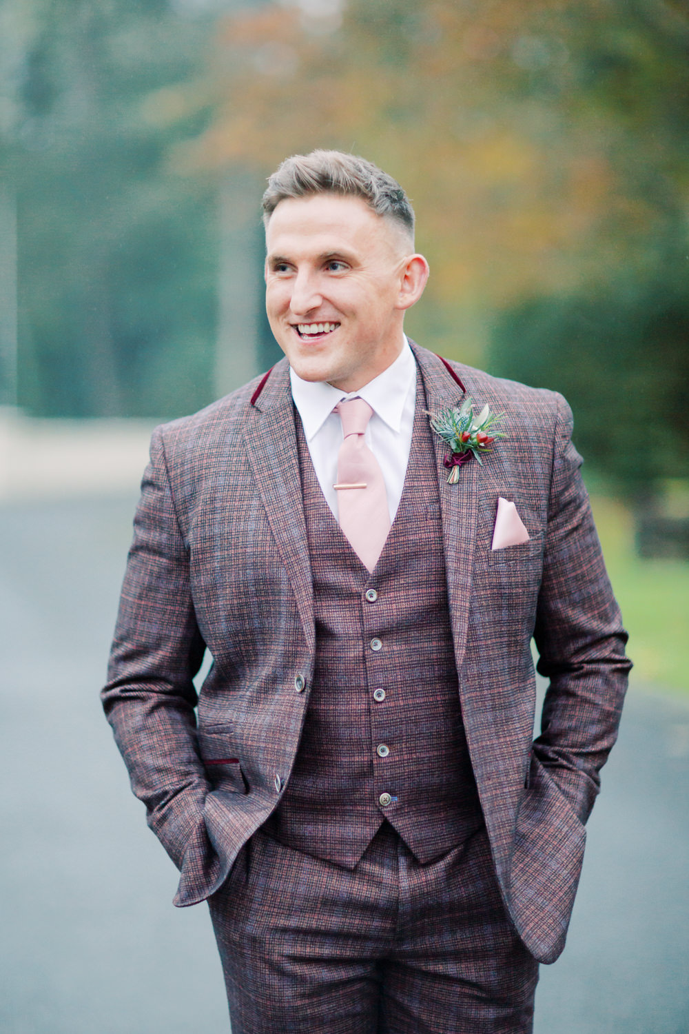 Groom Suit Brown Check Pink Tie Autumn Halloween Wedding Hannah Mckernan