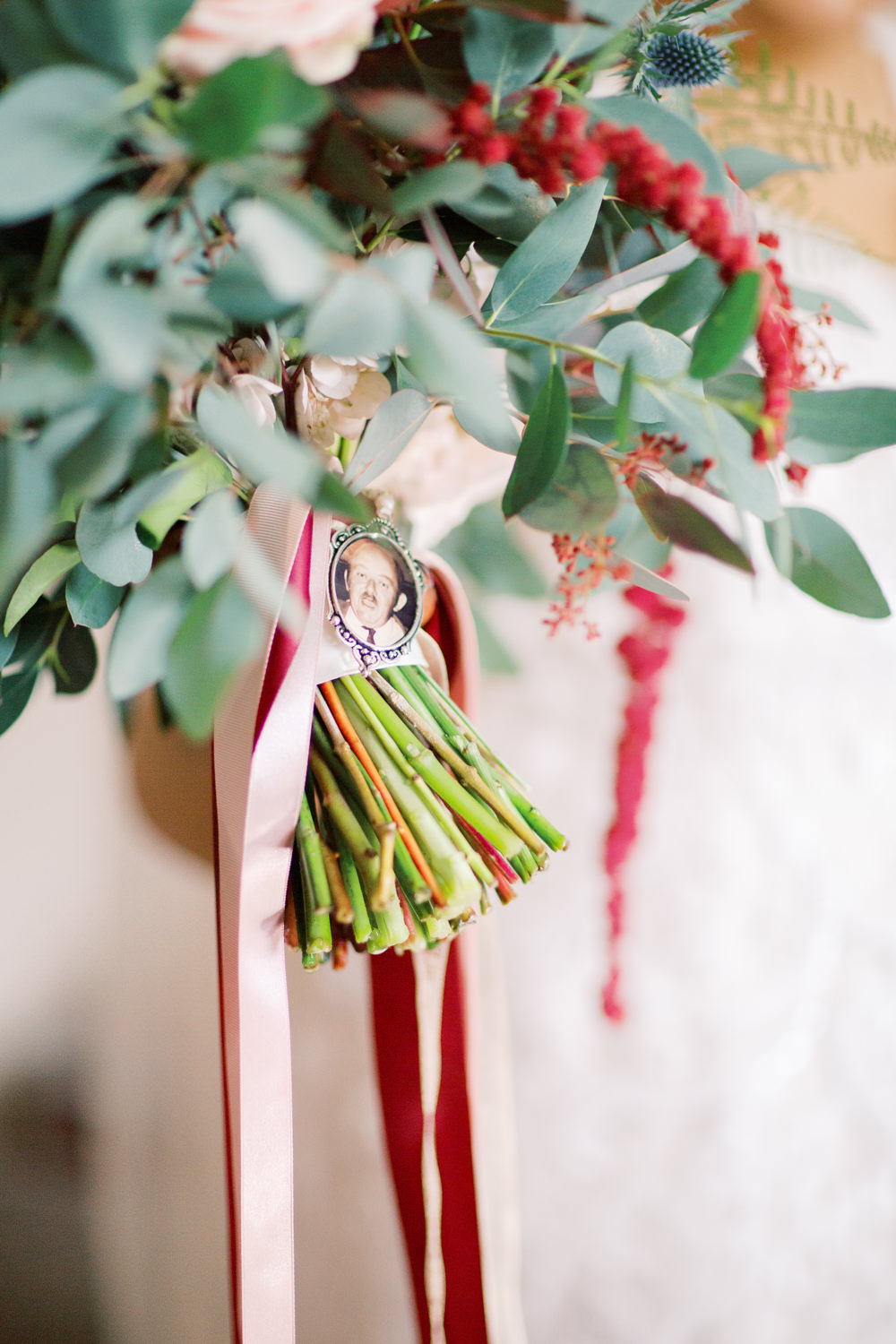 Bouquet Flowers Bride Bridal Eucalyptus Red Rose Amaranthus Locket Autumn Halloween Wedding Hannah Mckernan