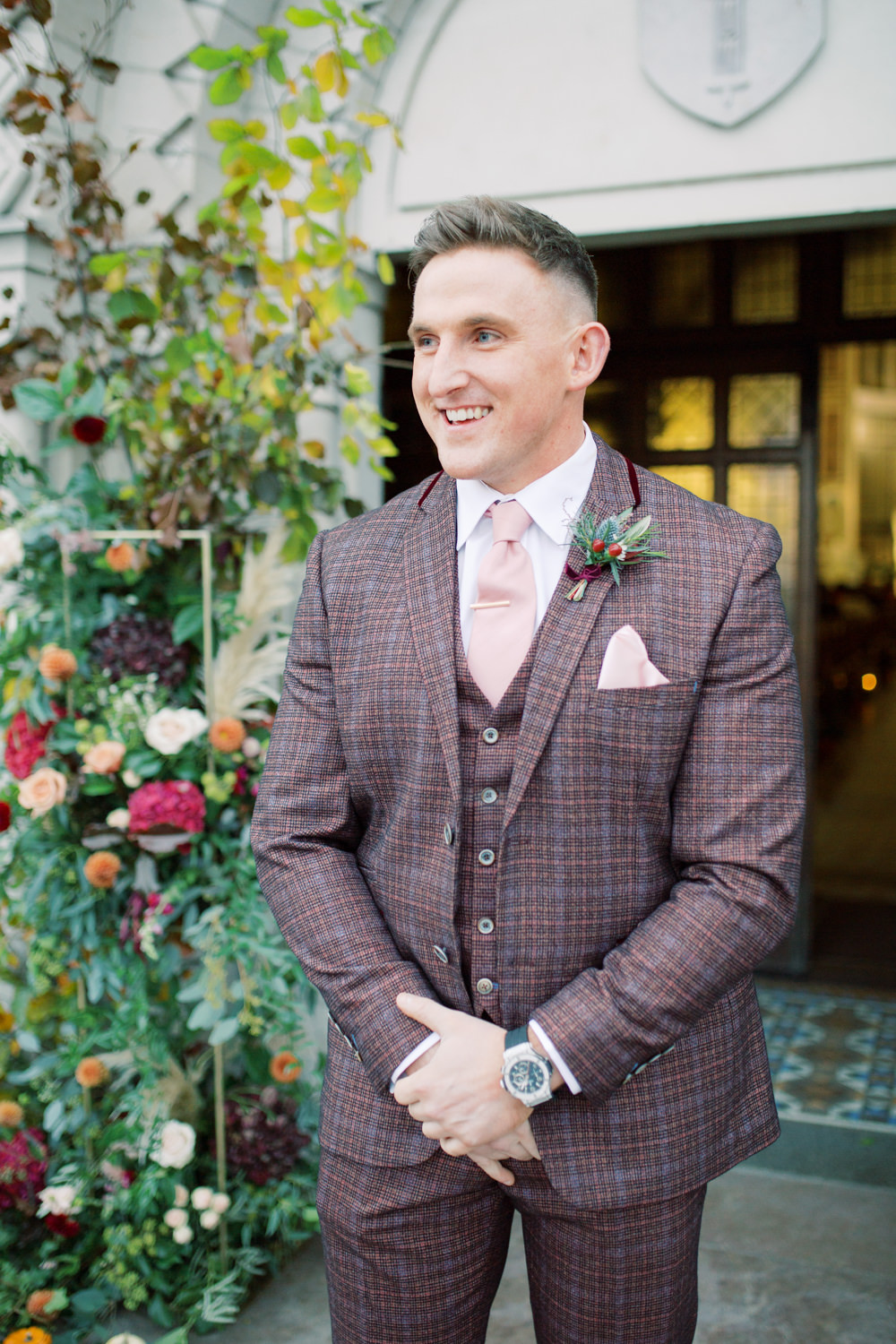 Groom Suit Brown Check Pink Tie Autumn Halloween Wedding Hannah Mckernan