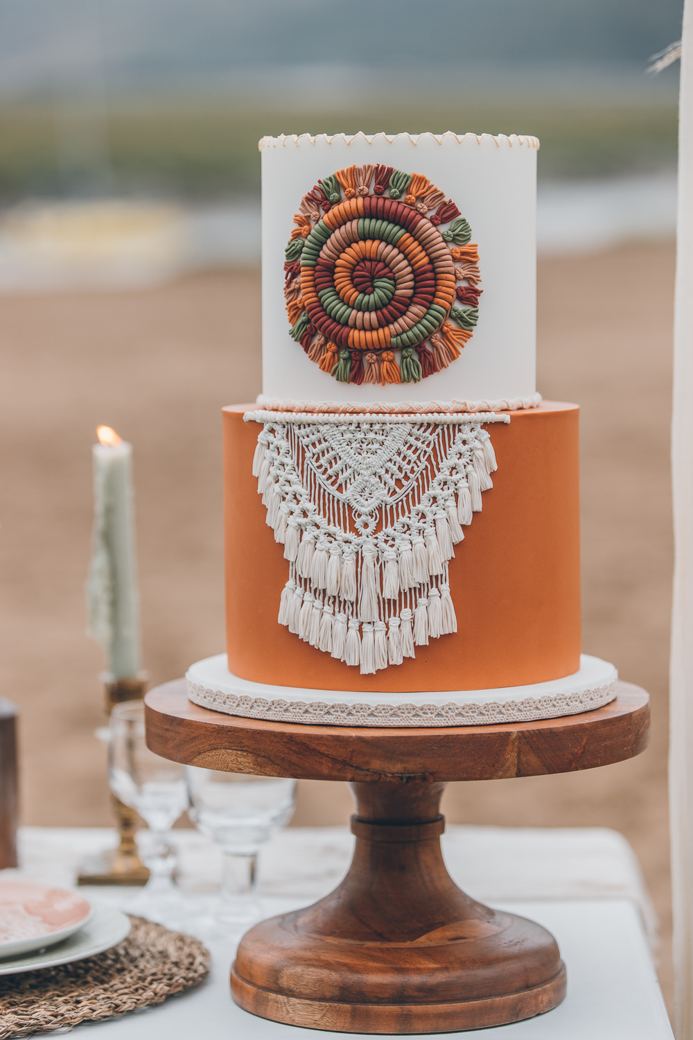 Orange Rust Cake Macrame Beach Wedding UK Maria Madison Photographer