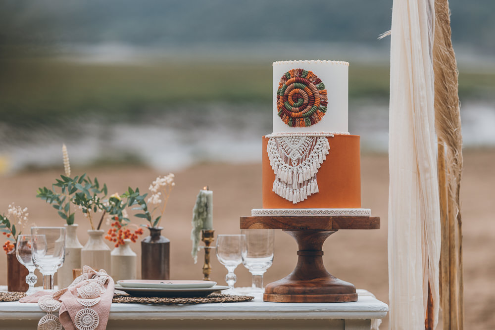 Orange Rust Cake Macrame Beach Wedding UK Maria Madison Photographer