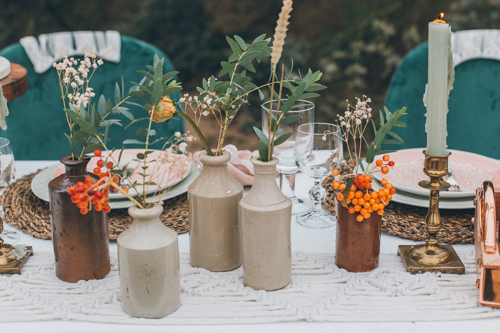 Earthenware Bottles Flowers Beach Wedding UK Maria Madison Photographer
