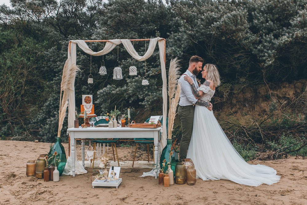 Table Tablescape Boho Macrame Decor Pampas Grass Lampshades Beach Wedding UK Maria Madison Photographer