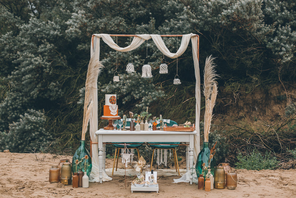 Table Tablescape Boho Macrame Decor Pampas Grass Lampshades Beach Wedding UK Maria Madison Photographer