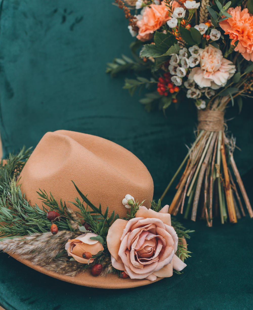 Bride Bridal Fedora Hat Flowers Bouquet Beach Wedding UK Maria Madison Photographer
