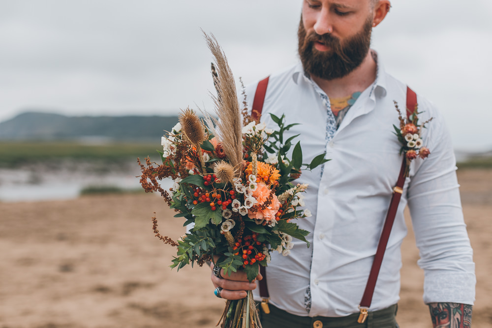 Bride Bridal Bouquet Flowers Orange Red Pampas Grass Beach Wedding UK Maria Madison Photographer