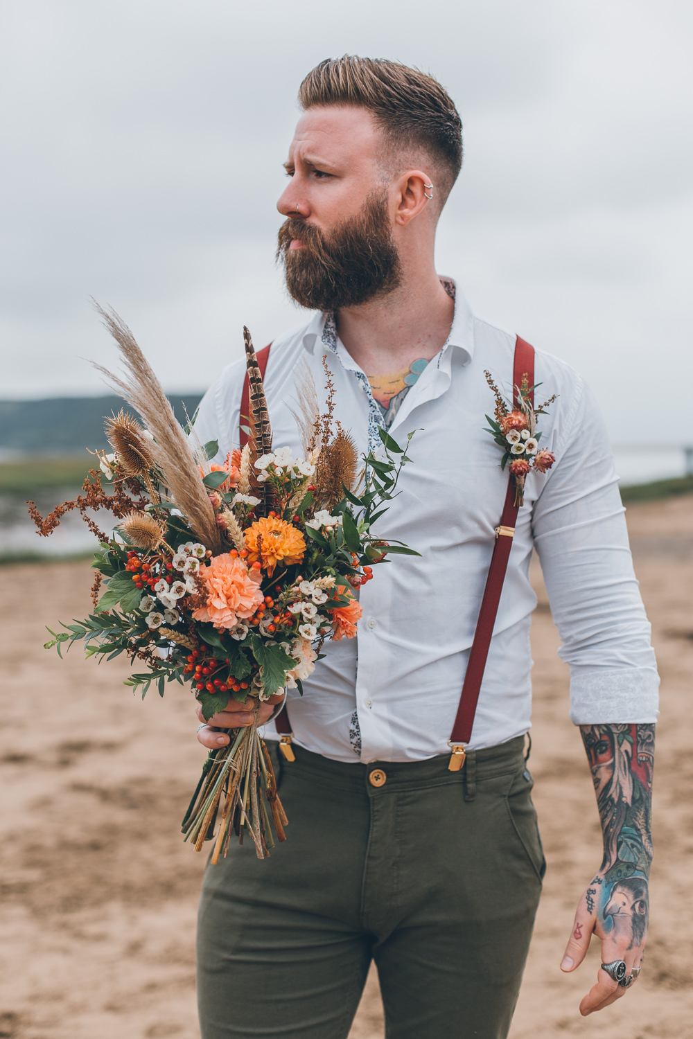 Bride Bridal Bouquet Flowers Orange Red Pampas Grass Beach Wedding UK Maria Madison Photographer