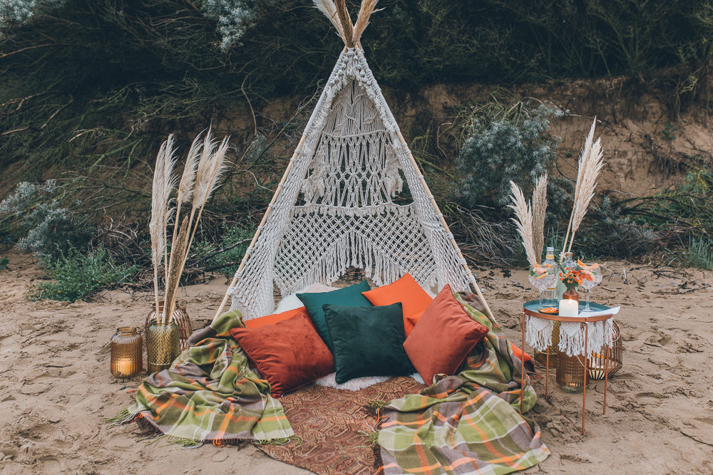 Tipi Seating Area Boho Beach Wedding UK Maria Madison Photographer
