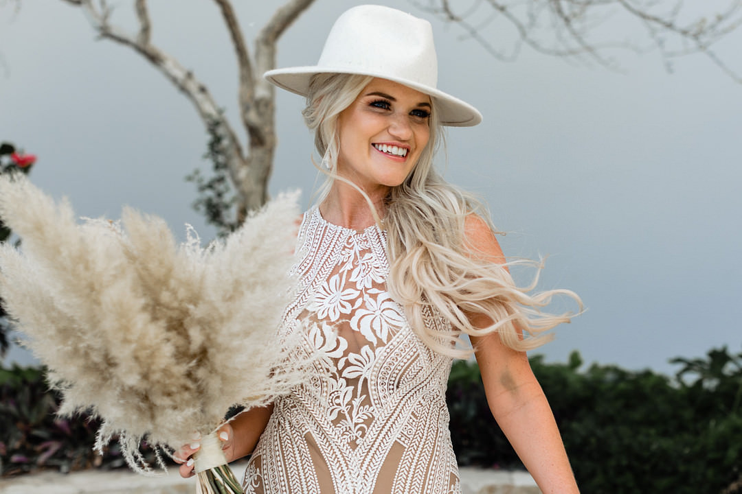 Bride Bridal Fedora Hat Bohemian Mexico Wedding Fabi Rosas Cabo Wedding Photographer