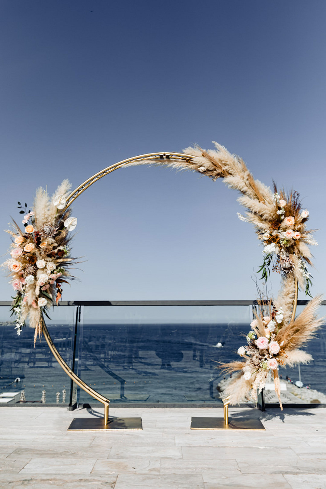 Moongate Flower Arch Pampas Grass Aisle Ceremony Bohemian Mexico Wedding Fabi Rosas Cabo Wedding Photographer