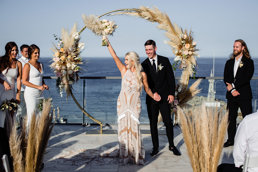 Moongate Flower Arch Pampas Grass Aisle Ceremony Bohemian Mexico Wedding Fabi Rosas Cabo Wedding Photographer