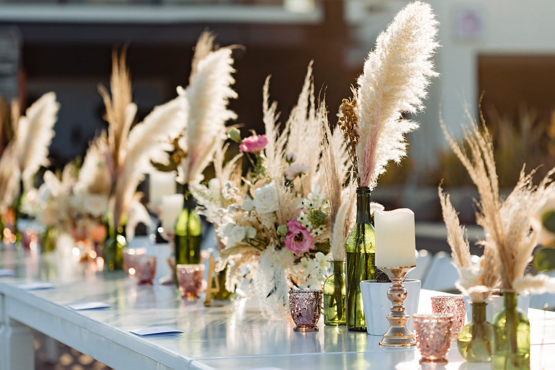 Centrepiece Decor Flowers Pampas Grass Bohemian Mexico Wedding Fabi Rosas Cabo Wedding Photographer