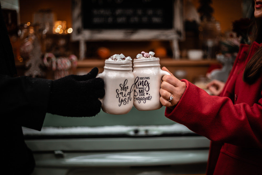 Hot Chocolate Mugs Christmas Engagement Avalon Photography