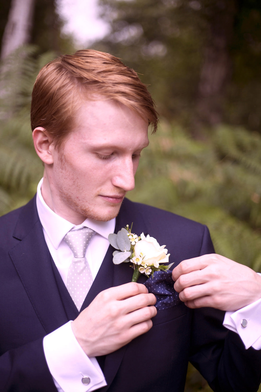 Groom Suit Navy Pink Tie Buttonhole Cuffley Camp Wedding Heather Winstanley Photography