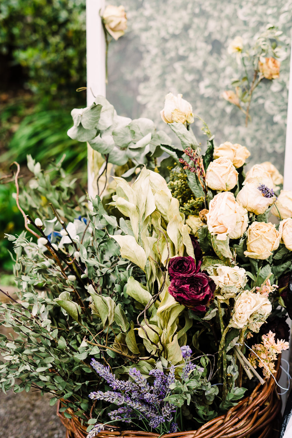 Basket Flowers Decor Garden Wedding Reception Jade Touron Photography