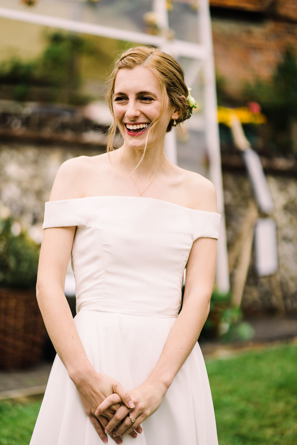 Dress Gown Bride Bridal Off Shoulder Bardot Garden Wedding Reception Jade Touron Photography