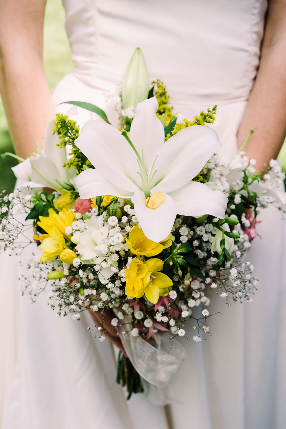 Bouquet Flowers Bride Bridal Lily Yellow Freesia Garden Wedding Reception Jade Touron Photography
