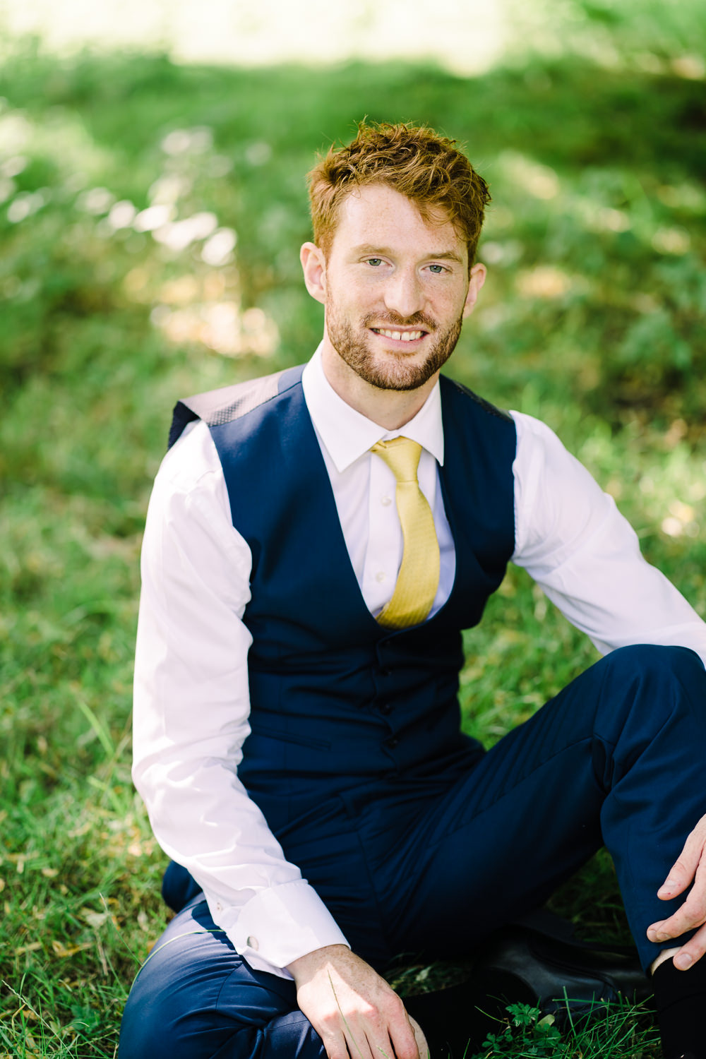 Groom Suit Navy Waistcoat Yellow Tie Garden Wedding Reception Jade Touron Photography