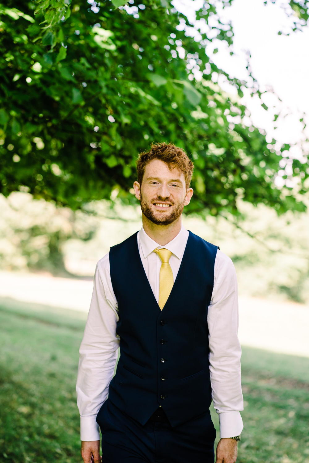 Groom Suit Navy Waistcoat Yellow Tie Garden Wedding Reception Jade Touron Photography
