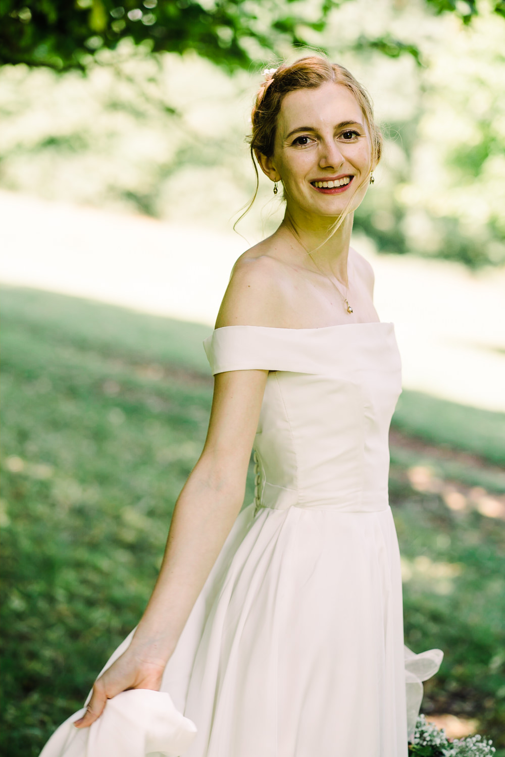 Dress Gown Bride Bridal Off Shoulder Bardot Garden Wedding Reception Jade Touron Photography