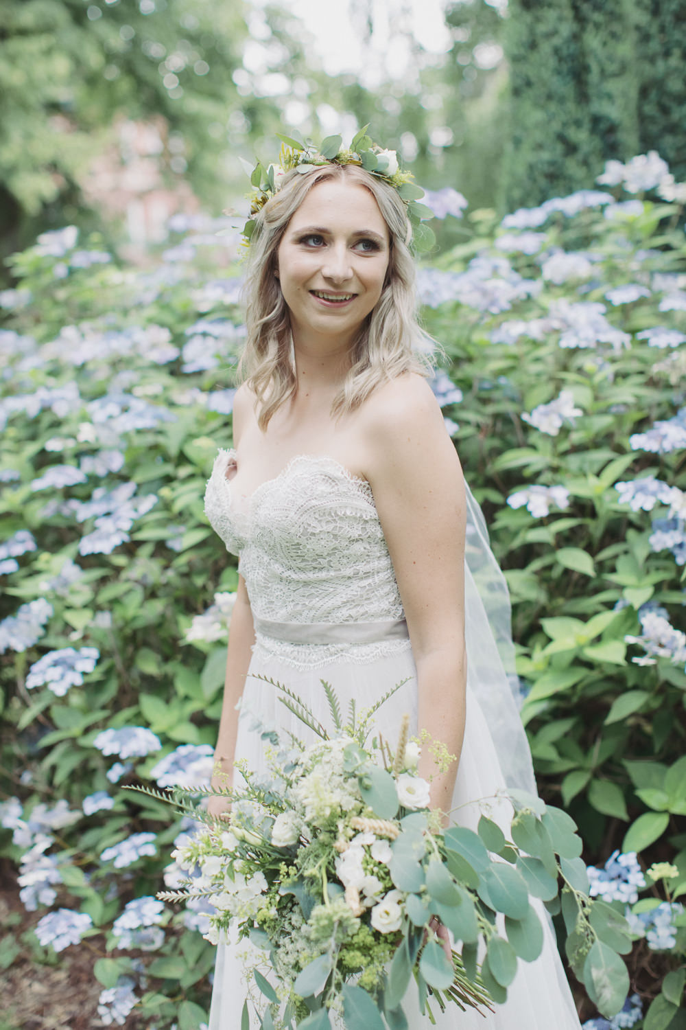 Dress Gown Bride Bridal Floaty Strapless Veil Flower Crown Hide Sheffield Wedding Sasha Lee Photography