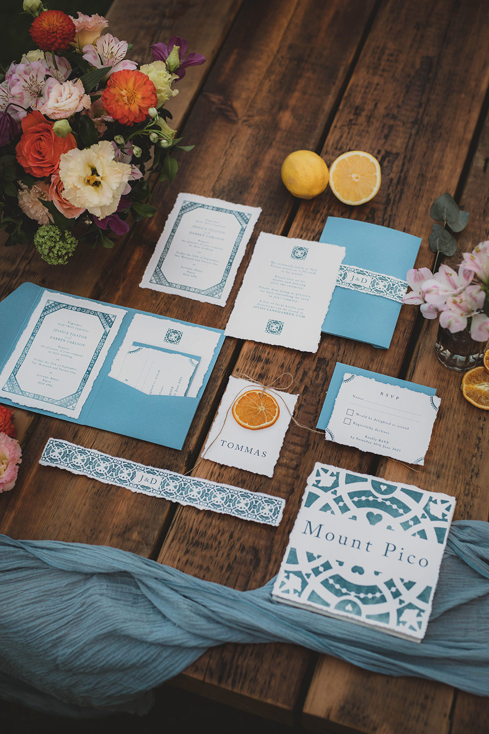 Jervaulx Abbey Wedding Ideas Laura Adams Photography Stationery Invite Invitation Blue Oranges