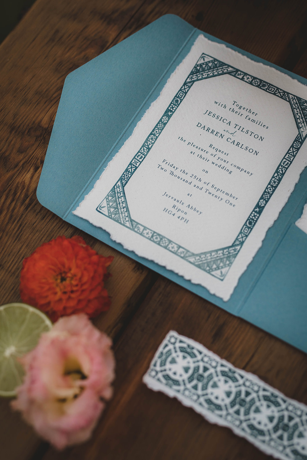 Jervaulx Abbey Wedding Ideas Laura Adams Photography Stationery Invite Invitation Blue Oranges