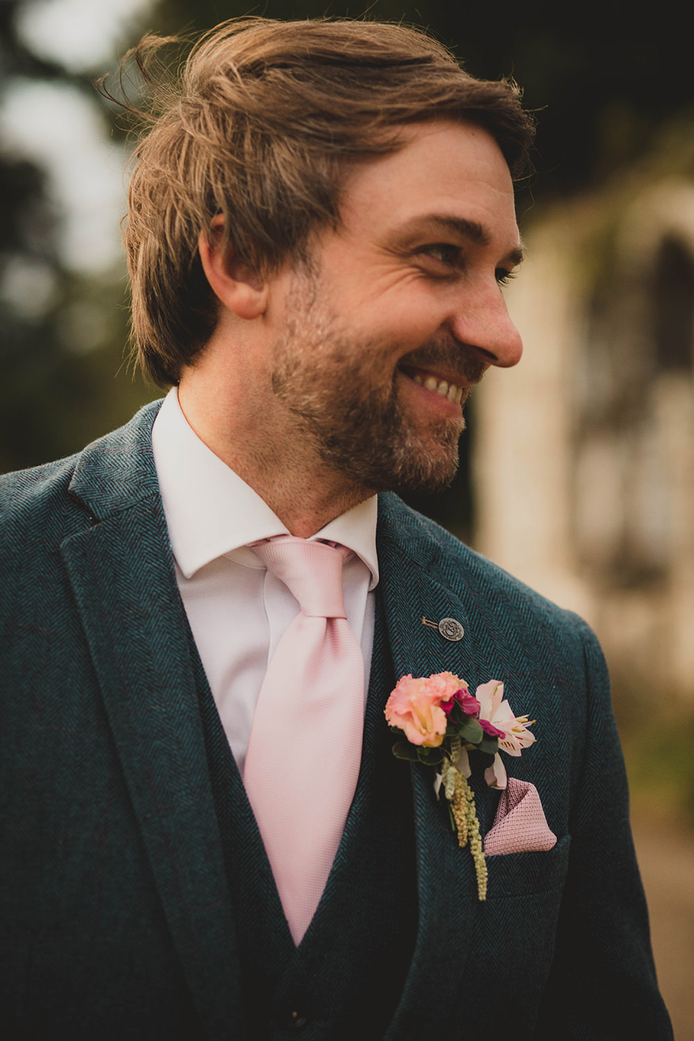 Jervaulx Abbey Wedding Ideas Laura Adams Photography Groom Suit Blue Pink Tie Buttonhole Flowers