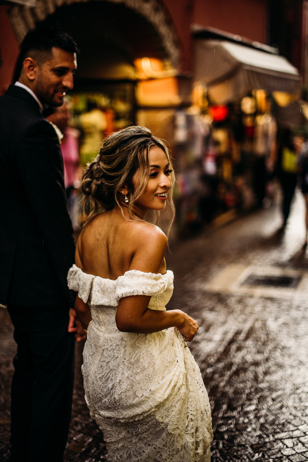 Dress Gown Bride Bridal Lace Plunge Reformation Lake Garda Wedding Argentieri Anthony Photography