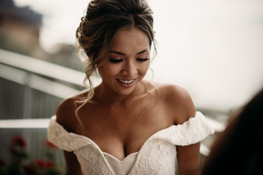 Dress Gown Bride Bridal Lace Plunge Reformation Lake Garda Wedding Argentieri Anthony Photography