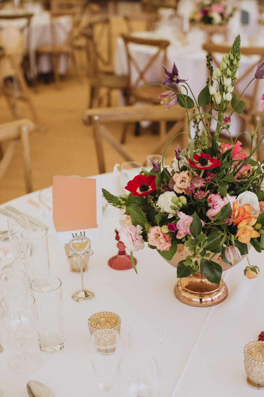 Table Centrepiece Flowers Decor Urn Candle Marquee Wedding Wales Fox & Bear Photography