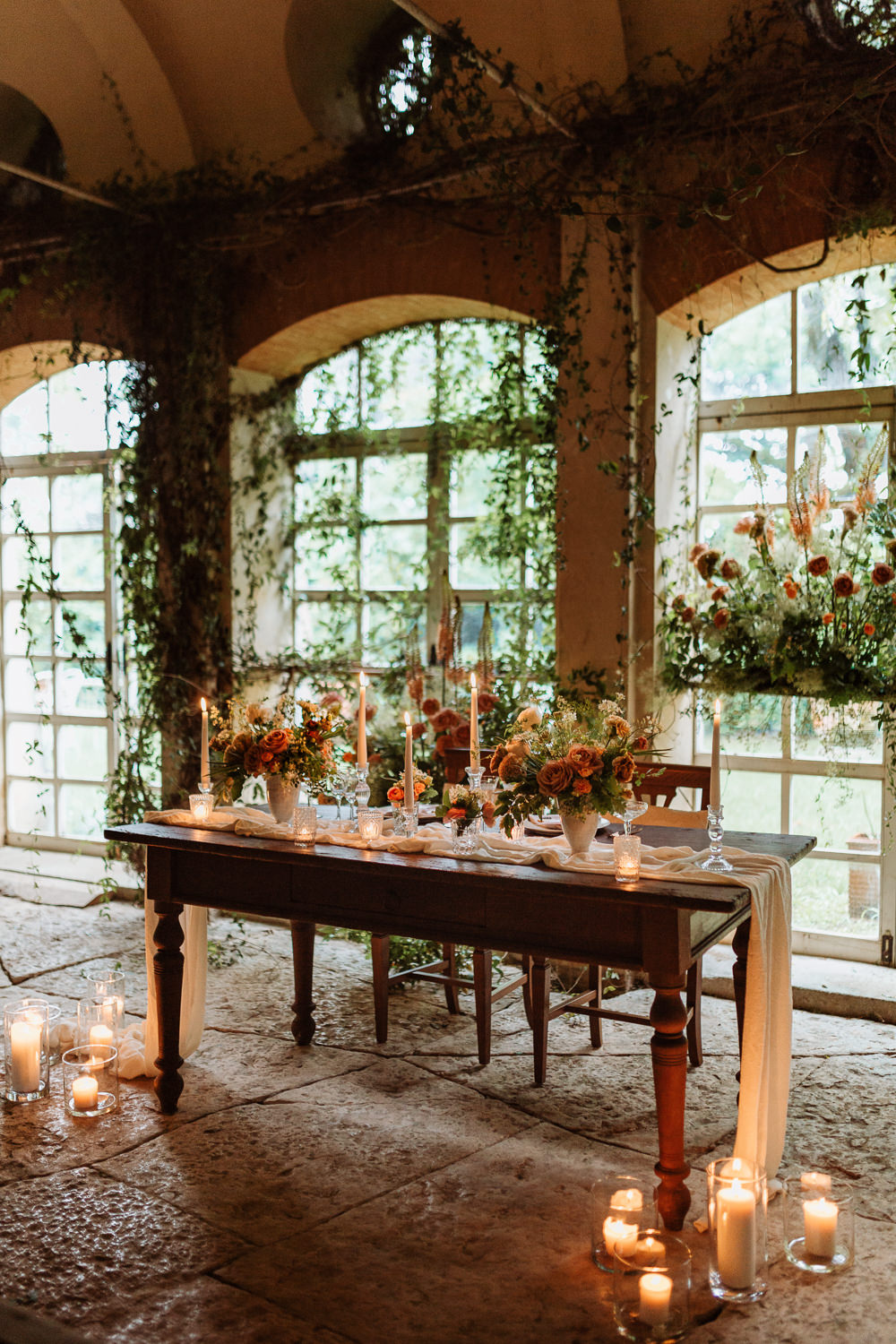 Greenhouse Decor Candles Table Tablescape Decor Peach Wild Flowers Greenery Natural Wedding Ideas Frame Of Love
