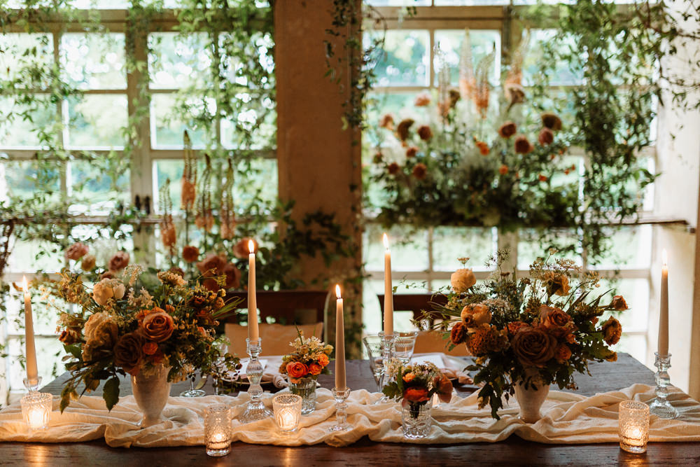Greenhouse Decor Candles Table Tablescape Decor Peach Wild Flowers Greenery Natural Wedding Ideas Frame Of Love