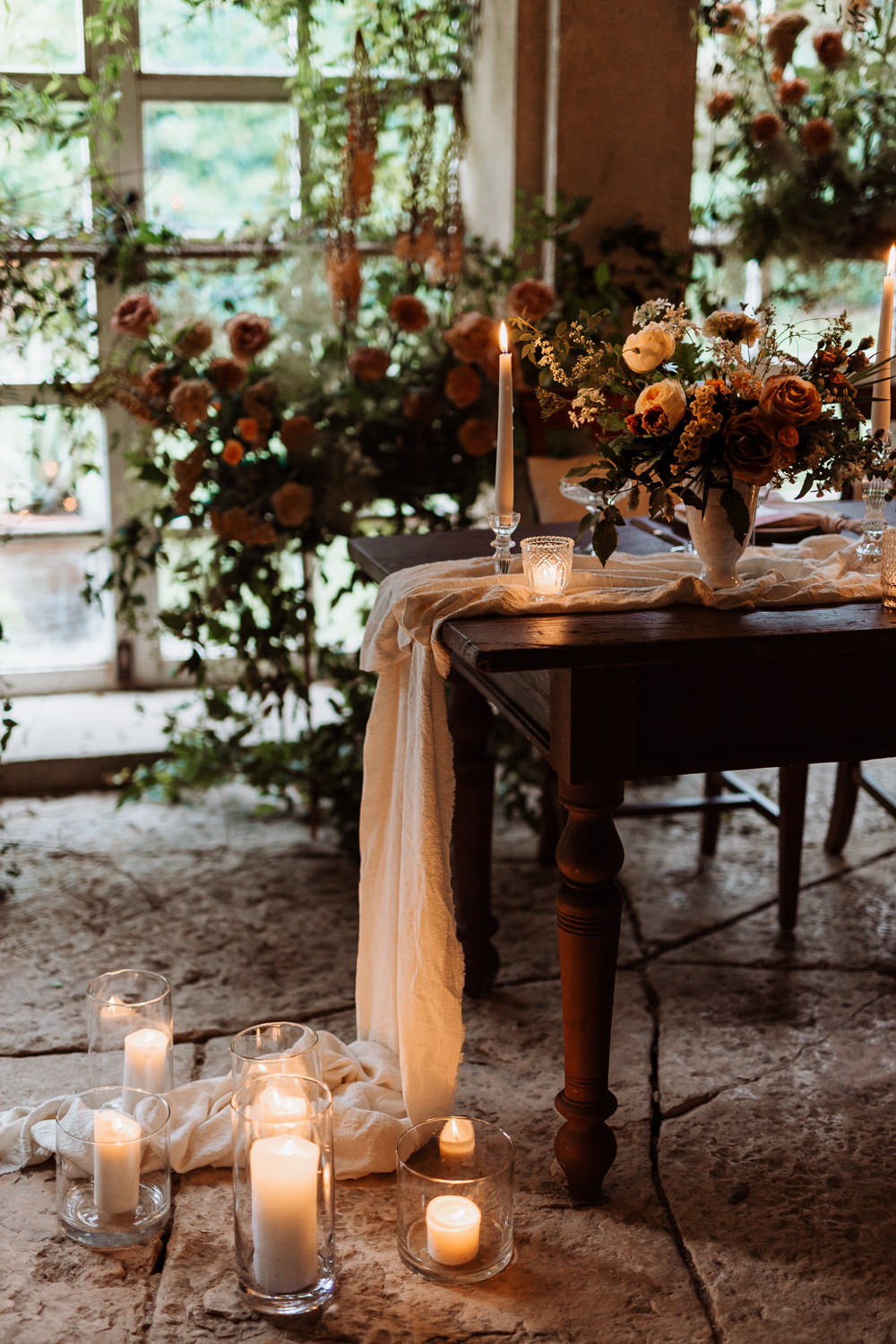 Greenhouse Decor Candles Table Tablescape Decor Peach Wild Flowers Greenery Natural Wedding Ideas Frame Of Love