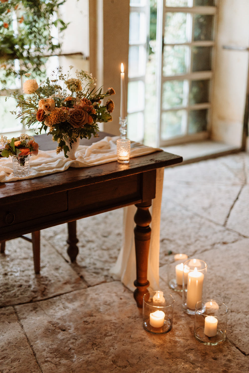 Greenhouse Decor Candles Table Tablescape Decor Peach Wild Flowers Greenery Natural Wedding Ideas Frame Of Love