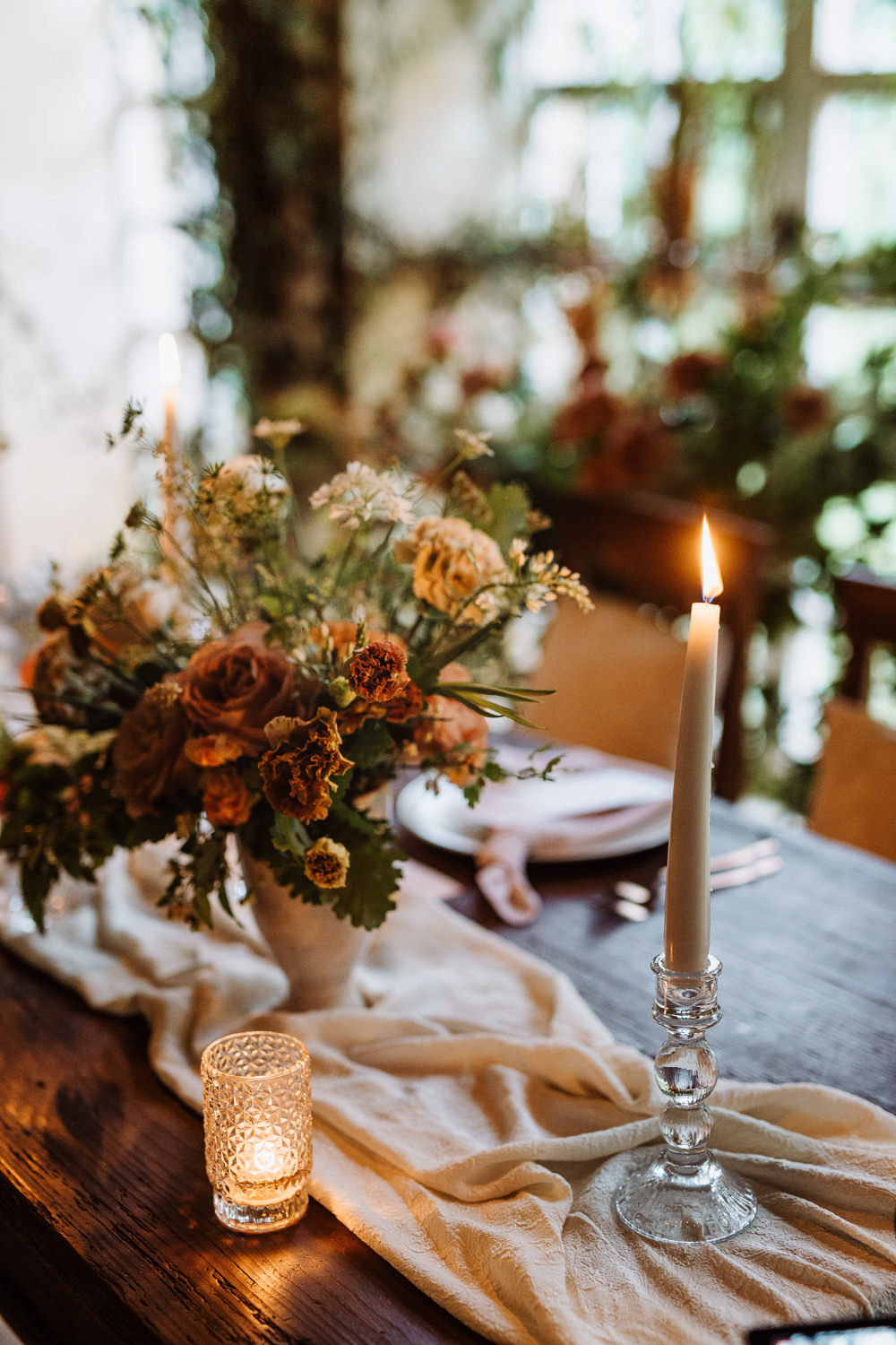 Greenhouse Decor Candles Table Tablescape Decor Peach Wild Flowers Greenery Natural Wedding Ideas Frame Of Love