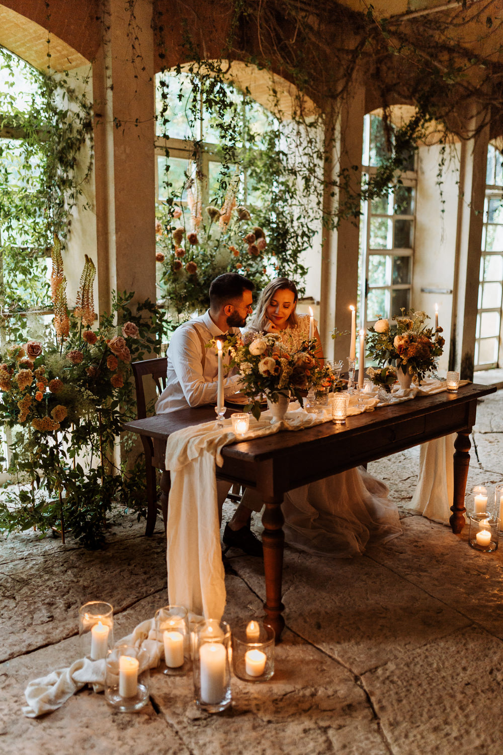 Greenhouse Decor Candles Table Tablescape Decor Peach Wild Flowers Greenery Natural Wedding Ideas Frame Of Love